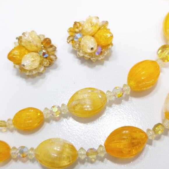 Vintage  Yellow Orange Lucite Beaded Necklace & Earrings, AB Crystals, 1960s - Picture 9 of 10